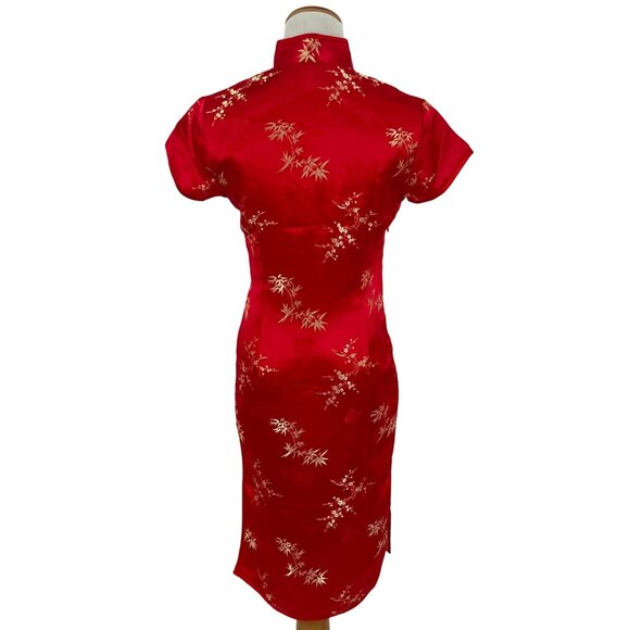 Vintage Y2K 90s DiYuange Red Satin Gold Floral Embroidered Cheongsam Qipao Dress - Picture 7 of 16